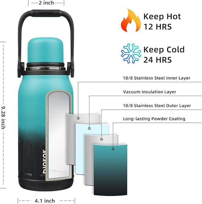 BJPKPK Insulated Thermos Water Bottle with Handle and Lid 40oz Stainless Steel Water Bottles for Cold and Hot Beverages,TealBlack