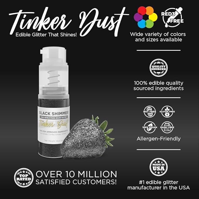 Bakell - Black Tinker Dust (4g, 1x Mini Spray Pump) Edible Glitter for Food, Desserts, and Beverages!