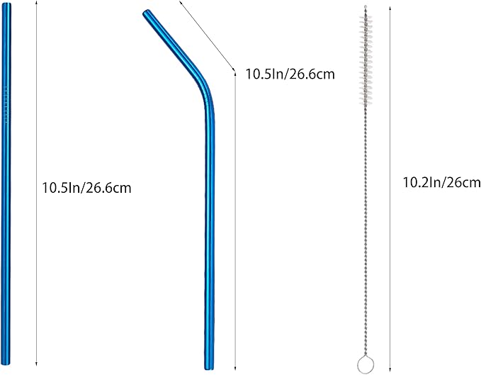 10 Pcs Stainless Steel Straws, Reusable Drinking Straws, 5 Straight + 5 Bent Metal Straws Set With 2 Pcs Cleaning Brushes (Blue, 10.5 Inch)