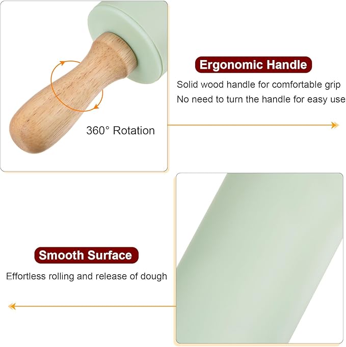 HARFINGTON Silicone Rolling Pins for Baking 12 Inch Wooden Handle Non Stick Rolling Pin Small Roller Playdough Rolling Pins for Dough Pizza Pastry Fondant Kitchen, Light Green