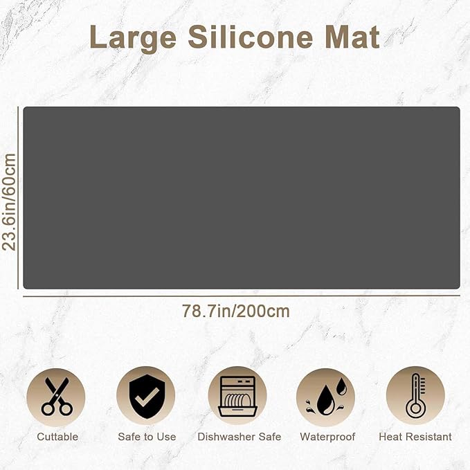 78.7"x23.6" Large Silicone Mat for Kitchen Counter, Heat Resistant Non-Slip Countertop Protector, Waterproof Silicone Craft Mat for Kitchen Island, Light Gray