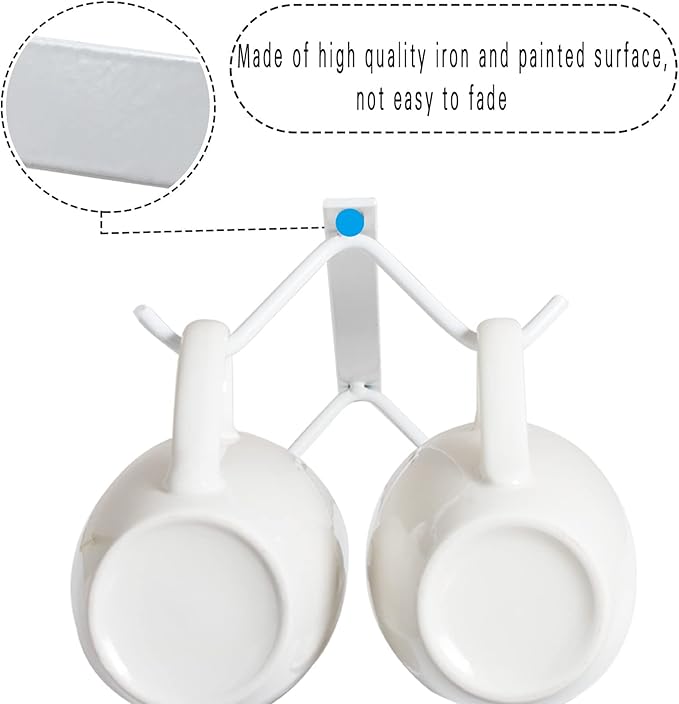 Cabinet Hook Mug Holder - Hanging Coffee Cup Rack for Kitchen, Under Cabinets Metal Hangers Organizer Shelf Storage Utensil (White)