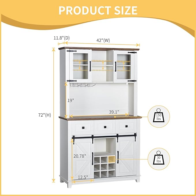 72" Coffee Bar Wine Cabinet with Sliding Barn Door & LED Lights, Sideboard Buffet Cabinet with Wine Bottle Rack, 3 Drawers, Storage Cabinet for Kitchen, Dining Room, White