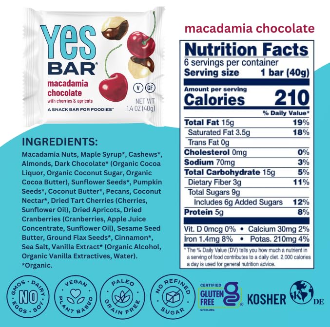 The YES Bar – Macadamia Chocolate – Plant Based Protein, Decadent Snack Bar – Vegan, Paleo, Gluten Free, Dairy Free, Low Sugar, Healthy Snack, Breakfast, Low Carb, Keto Friendly (24 Count)