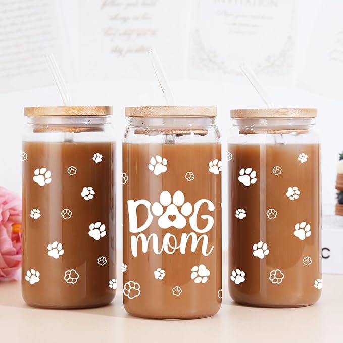 Dog Mom Cup 16 Oz Can Glass Coffee Mug with Bamboo Lid & Straw - Dog Lover Gifts for Women - Dog Mom Gift for Birthday Mothers Day