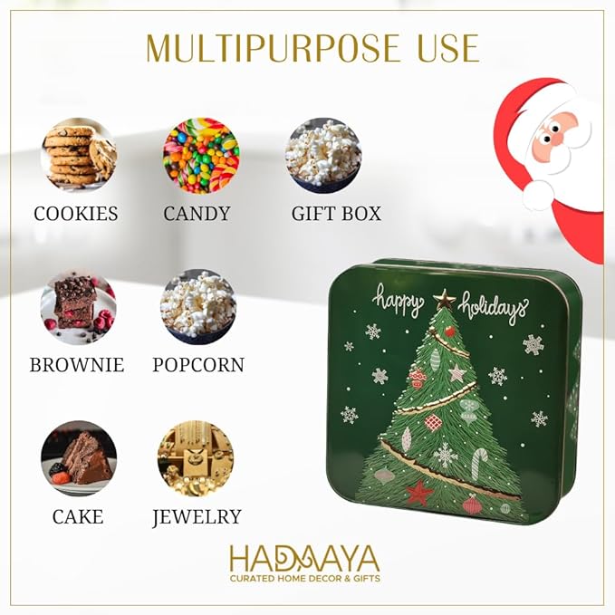 Metal Square Festive Christmas Cookie Tin with Embossed Lid for Gift Giving & Holiday Treats Multipurpose Container for Candy Snacks Holiday Christmas Party Decor Favor Gift Box GREEN GOLD XMAS TREE