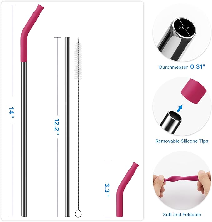 Metal Straw with Silicone Tip for 40oz Stanley Cup, 2 Pcs Stainless Steel Straws Replacement for Stanley 40 oz Adventure Quencher Travel Tumbler Cup, 1 Straw Brush (Fuchsia Red)