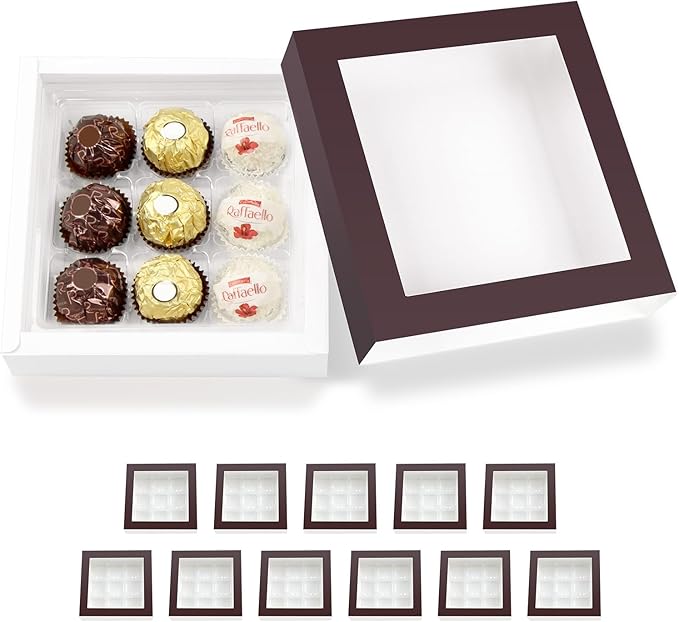 BAKIPACK 12 Truffle Boxes, Chocolates Box, Dark Brown Truffle Gift Packaging with 9-Piece Plastics Tray