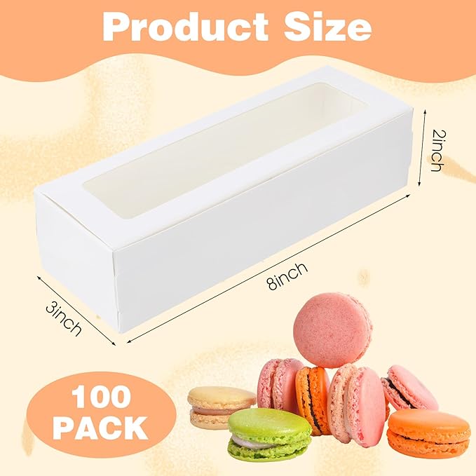 100 Pack White Macaron Boxes with Clear Window, Pastry Boxes with 100 Pcs Stickers, Packaging for 6-10 Macarons, Cookies, Truffles, Wedding DIY Gift Giving, 8x3x2 Inches
