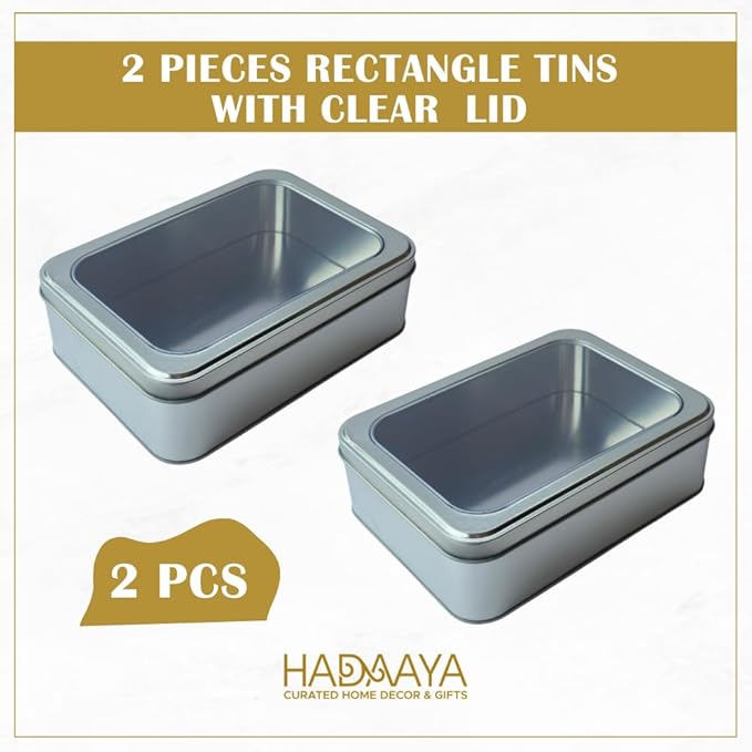 Pack of 2 Silver Rectangular Tin Container With Clear Lid, Multipurpose Tin Box, Festive Tin Box for Gift Giving, Cookies, Stationery & More - 7.25 x 5.25 x 2.25 Inches