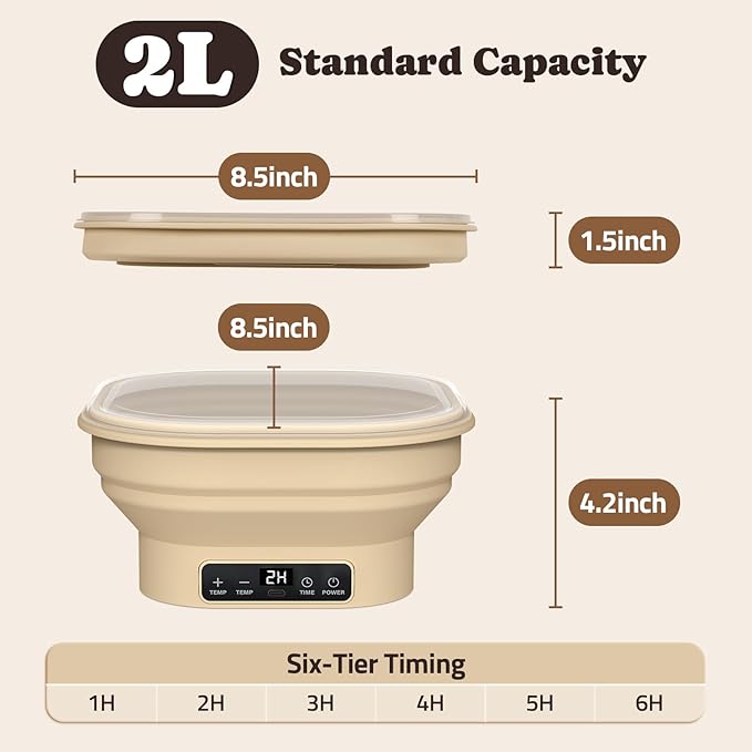 Heating Sourdough Starter Kit, 2L Electric Thermostatic Silicone Square Foldable Banneton Bread Proofing Basket with 6 Timer & Temp Settings for Dough Rising, Dishwasher Safe, Bread Making Kit