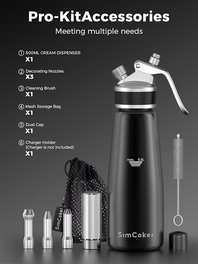 Professional Aluminum Whipped Cream Dispenser – 500 mL / 1 Pint, Includes 3 Decorating Nozzles, Cleaning Brush & Storage Bag – Ideal for Desserts, Coffee & Pastries (N₂O Chargers Not Included)