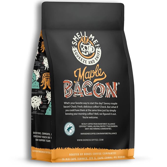 Bones Coffee Company Maple Bacon, Bacon and Maple Syrup Flavored Coffee, Medium Roast Low Acid Arabica Beans Compatible with Auto drip and French Press Coffee Maker, 12 Oz Whole Bean