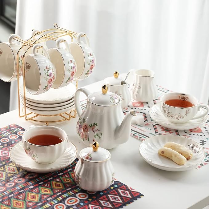 Porcelain Tea Sets British Royal Series, 8 OZ Cups & Saucer Service for 6, with Teapot Sugar Bowl Cream Pitcher Teaspoons and Tea Strainer, Suitable for High Tea, Wedding, Party（Rose Flower）