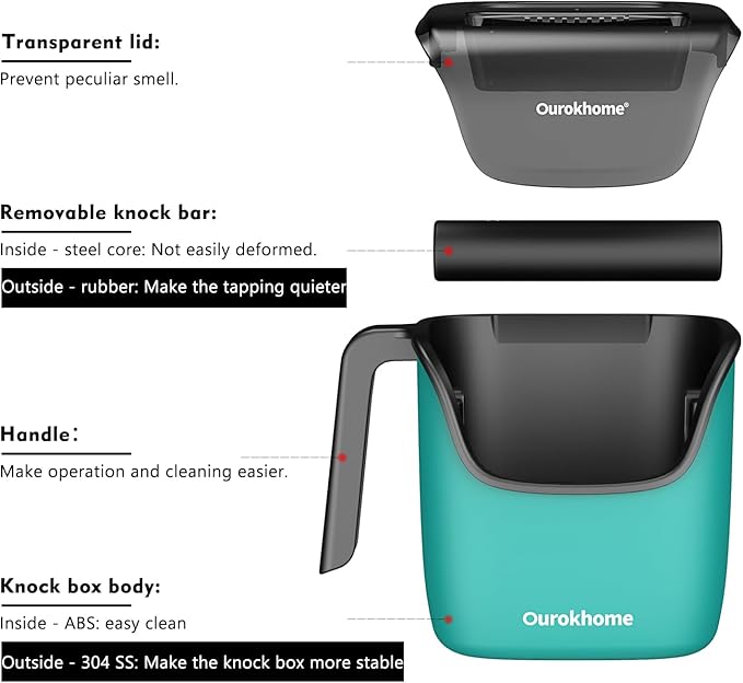 Ourokhome Knock Box Espresso Accessories, The Latest Patented Stainless Steel Espresso Machine Tool for Coffee Ground with Removable Knock Bar, Handle and Lid, Dishwasher safe, 4.8 inch (Mint)