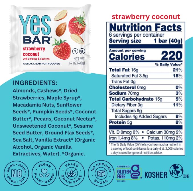 The YES Bar – Strawberry Coconut – Plant Based Protein, Decadent Snack Bar – Vegan, Paleo, Gluten Free, Dairy Free, Low Sugar, Healthy Snack, Breakfast, Low Carb, Keto Friendly (24 Count)