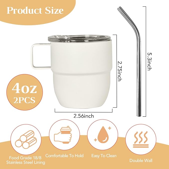 4oz Stackable Cup, Vacuum Insulated Espresso Cup Set of 2, Espresso Mug for Coffee, Double Wall Stainless Steel Mini Tumbler Shot Glasses with Straw and Lid (B-white2P, 4oz)