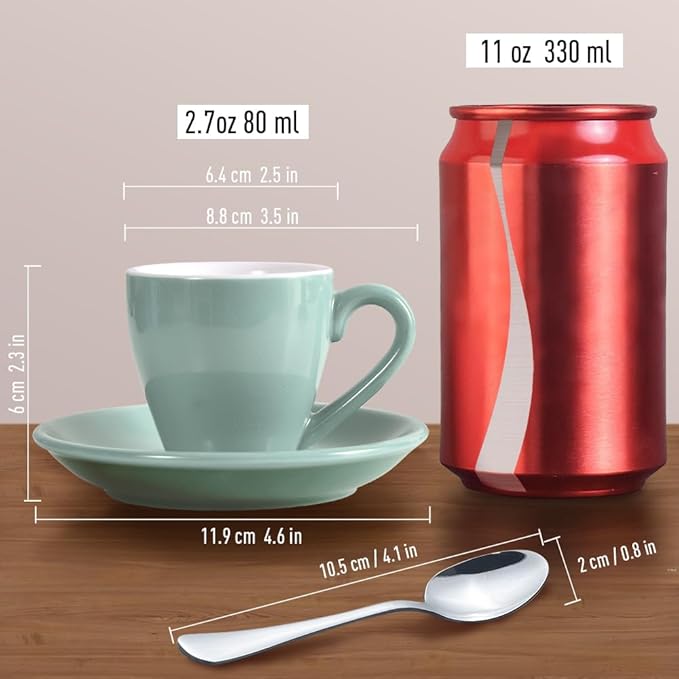 homEdge Porcelain Espresso Shot Cup Set with Saucers and Stainless Steel Spoons - 80 ml / 2.67 oz, Set of 4, Mint Green