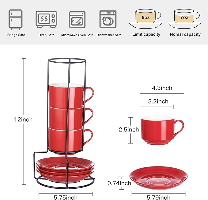 YOLIFE 8oz Porcelain Stackable Cappuccino Cups with Saucers and Metal Stand Set of 4, Coffee cups for Espresso, Specialty Coffee Drinks, Latte, Americano and Tea - Red