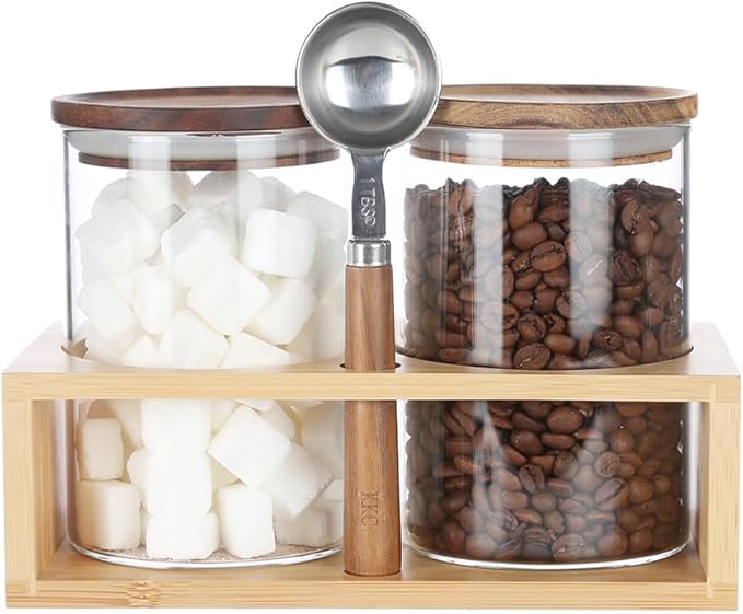 KKC HOME ACCENTS Clear Borosilicate Glass Glass Storage Jars with Airtight Wood Lids,Air Tight Sealed Wooden Top Glass Jars with Spoon for Coffee,Tea,Sugar, 25 OZ (750 ml)