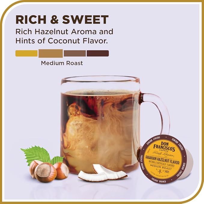 Don Francisco's Hawaiian Hazelnut Flavored Coffee - 24 K-Cup Compatible Single-Serve Pods - 100% Arabica with Coconut Hint - Recyclable through TerraCycle - Compatible with Keurig Brewers