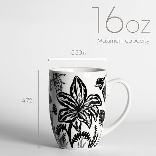 16oz Black and White Boho Floral Mug - Unique Coffee Mugs and Tea Cup, Novelty Ceramic Cups Gifts for Women and Men.
