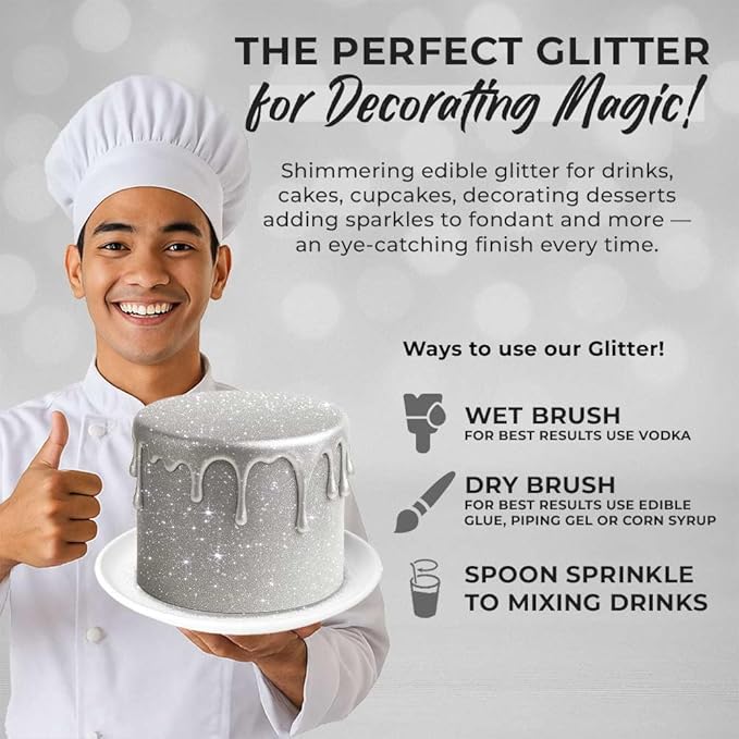Bulk 20g Silver Edible Glitter for Drinks | Premium Edible Glitter for Cakes, Cocktails, Silver Cake Decorating Decorations Food Grade, Vegan, Kosher, Halal, Gluten Free - Made in USA