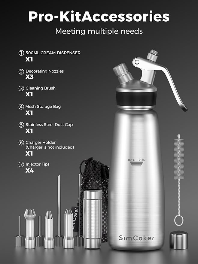 Whipped Cream Dispenser Stainless Steel,Cream Whipper with 4 Injector Tips and 3 Decorating Nozzles,Dishwasher Safe,Chargers NOT Included