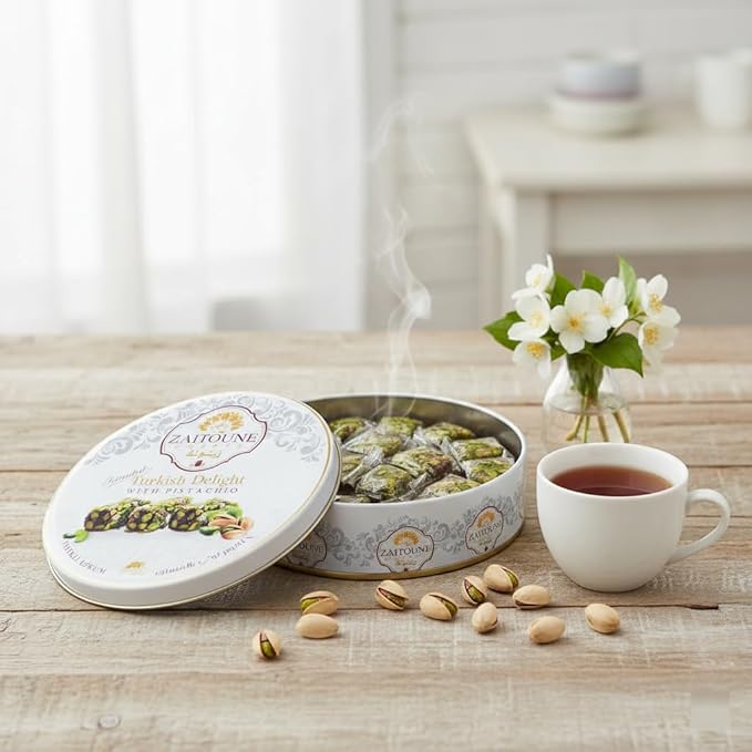 Zaitoune Pistachio Covered Turkish Delight – 0.55 lb | Stuffed with Delicious Nuts, Coated with Chopped Pistachios | Authentic Luxury Lokum Turkish Delight Candy in a Beautiful Gift Tin | Handmade & Individually Wrapped | Perfect Turkish Snacks