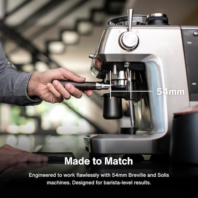 Crema Coffee Products 54mm Bottomless Naked Portafilter | Compatible with 54mm Breville Machines | Includes Double Shot Filter Basket | Olivewood