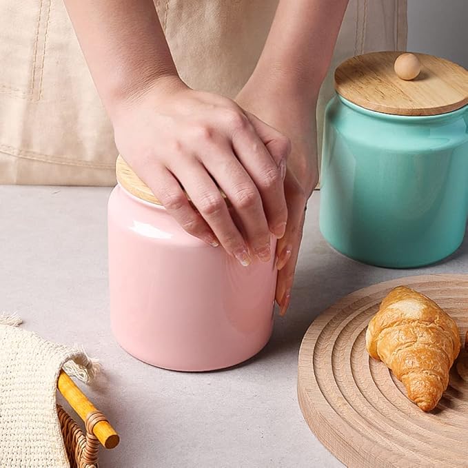 Sweejar Ceramic Kitchen Canisters, 28 FLOZ Porcelain Food Storage Jar with Airtight Seal Wooden Lid, Home Container Serving for Coffee Beans, Tea-leave, Sugar, Salt and More, Tool Bucket (Pink)
