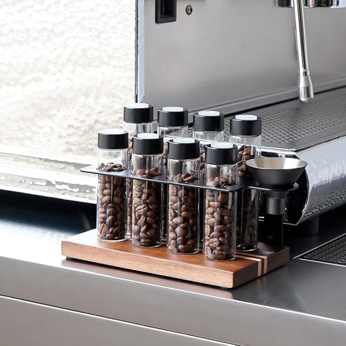 watchget Coffee Bean Storage Tubes Single Dose Coffee Bean Cellars 8 Pcs with One-way Exhaust Valve Sealed Airtight Coffee Bean Storage Jars with Hopper, Wooden Display Stand, A