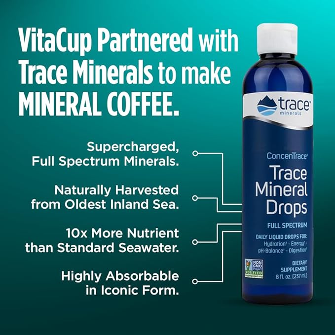 VitaCup Mineral Coffee with Trace Minerals, Hydrate, Replenish & Restore w/All Natural Sea Minerals, Electrolytes, Organic Coffee, Single Origin, Medium Dark Roast, Ground Coffee, 3 Bags 10oz Each