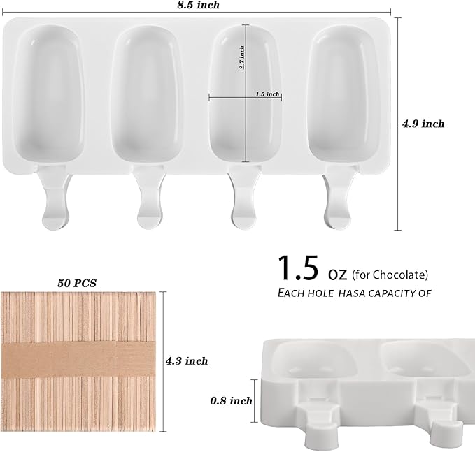 Sakolla 2 Pack Silicone Popsicle Molds, 4 Cavities Oval Mini Ice Pop Molds with 50 Wooden Sticks for Homemade Cake Pop, Cakesicles, Ice Cream (White)
