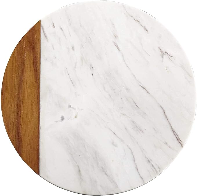White Marble Board - Cheese Board | Acacia Wooden Serving Tray For Charcuterie, Cheese, Meats, Fruit, Crackers | Cutting Board, Serving Tray, Round Slab 10 Inches.