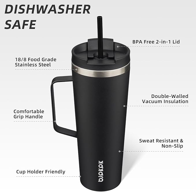 BJPKPK Insulated Tumbler with Handle, 26oz Insulated Tumblers with Lid and Straw, Stainless Steel Metal Water Bottles, Coffee Travel Mugs, Cups, Black