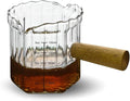 Glass Measuring Cup, 5oz Espresso Shot Glass with Wood Handle, Double Spouts Measuring Triple Pitcher Milk Cup for Coffee Tea (Transparent Ribbed)