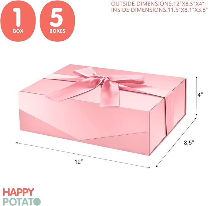 HAPPY POTATO 6 Large Gift Boxes with Lid and Ribbon 11.5x8.1x3.8 Inches, Bridesmaid Proposal Boxes, Magnetic Gift Boxes for Presents (Glossy Pink, Pack of 6)