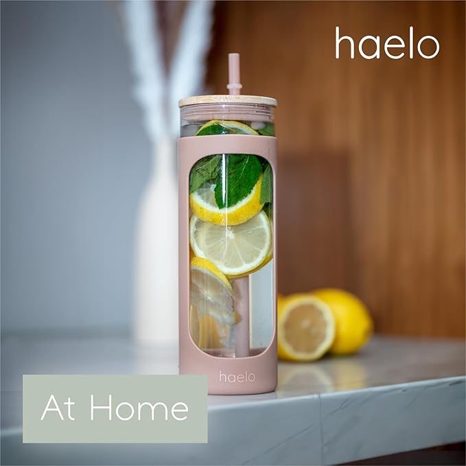 haelo 20oz Glass Tumbler Water Bottle, Iced Coffee Cup with Straw, Silicone Protective Sleeve, Bamboo Lid Reusable BPA Free (Sage Green)