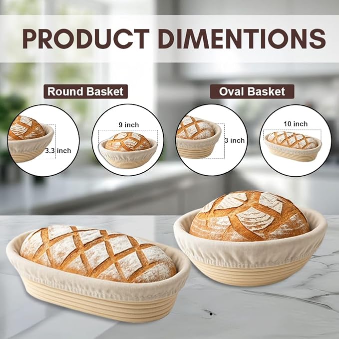 Sourdough Basket Set, 9" Round & 10" Oval Proofing Baskets for Bread Baking with, Lame, Whisk & Linen Liners, Complete Sourdough Proofing Basket Kit