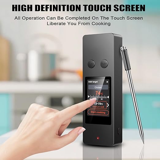 Smart Wireless Meat Thermometer, [2025 New ]，2 Upgraded Ultra-Thin Probe，No App＆Large HD Touch Screen，800FT Range，1000°F Heat Safe,IP67 Waterproof,Perfect for Kitchen, BBQ, Grill, Oven, Smoker