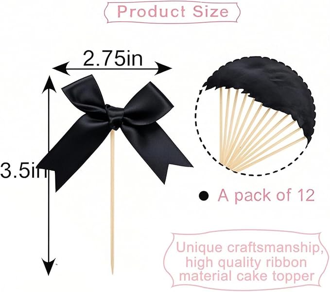 Black Bow Cupcake Toppers,Black Bow Birthday Decoration, Bow Themed Party Decorations Coquette Cake Decoration for Bachelorette Bridal Engagement Birthday Wedding Baby Shower Party Decor