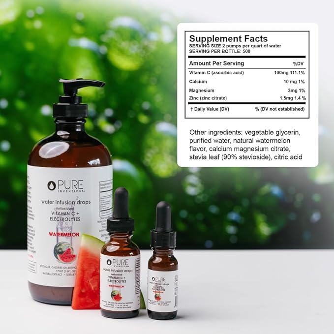 Pure Inventions - Watermelon Water Infusion Drops - Antioxidants, Vitamin C & Electrolytes - Health & Wellness Drink -Immunity Support -Sugar Free, Zero Calorie, No Artificial Sweeteners -500 Servings