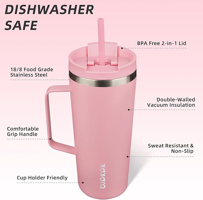 BJPKPK Insulated Tumbler with Handle, 22oz Insulated Tumblers with Lid and Straw, Stainless Steel Metal Water Bottles, Coffee Travel Mugs, Cups, Light Pink