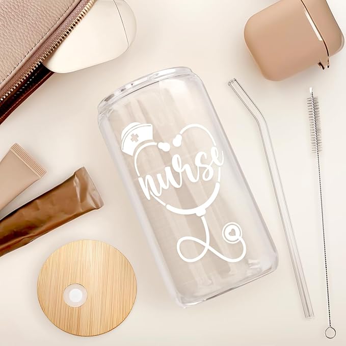 SANDJEST Nurse Glass Can, Nutrition Facts Cup with Lid & Straw, Iced Coffee Aesthetic Cups, Idea Gift for Christmas Birthday Nurse Week, Gifts for Women, 16oz