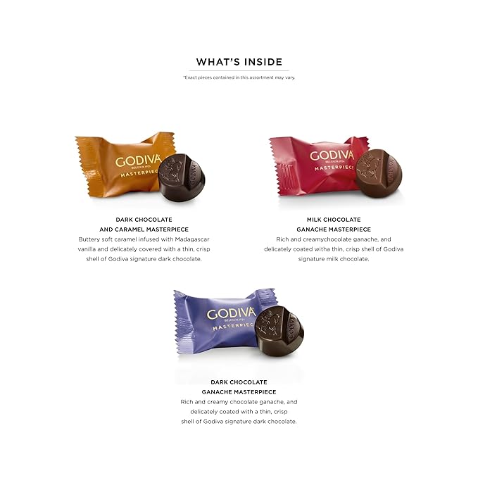 Godiva Holiday Masterpiece Gift Tin, Assorted Milk & Dark Chocolates with Ganache and Caramel, Gourmet Christmas Gift, Kosher & Halal, 50 Pc