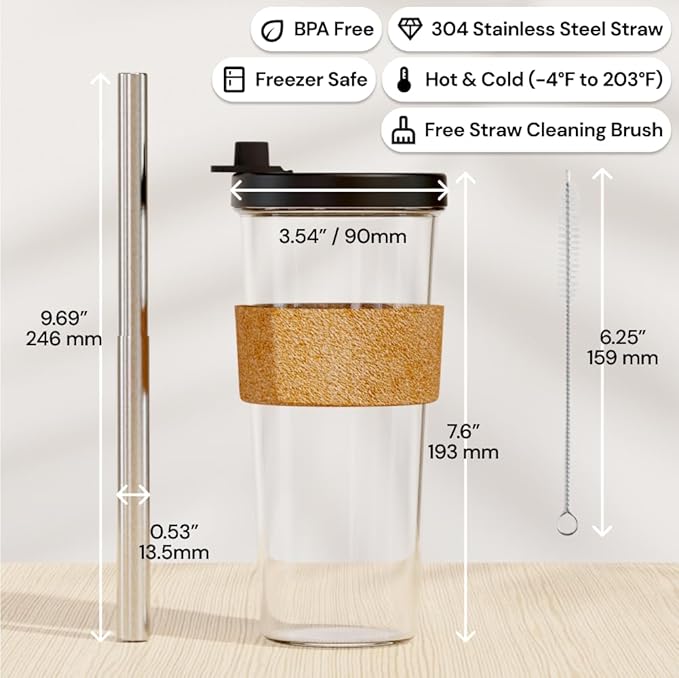 Dodoko Reusable Boba Cup and Straw Boba Tea Cup Bubble Tea Cup Reusable Iced Coffee Cup Cold Coffee Cup Smoothie Cup with Lid and Straw Smoothie Cup to go Smoothie Tumbler 24 oz - Night Black