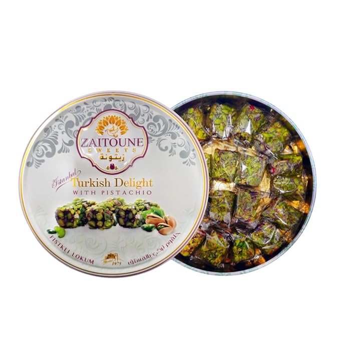Zaitoune Pistachio Covered Turkish Delight – 0.55 lb | Stuffed with Delicious Nuts, Coated with Chopped Pistachios | Authentic Luxury Lokum Turkish Delight Candy in a Beautiful Gift Tin | Handmade & Individually Wrapped | Perfect Turkish Snacks