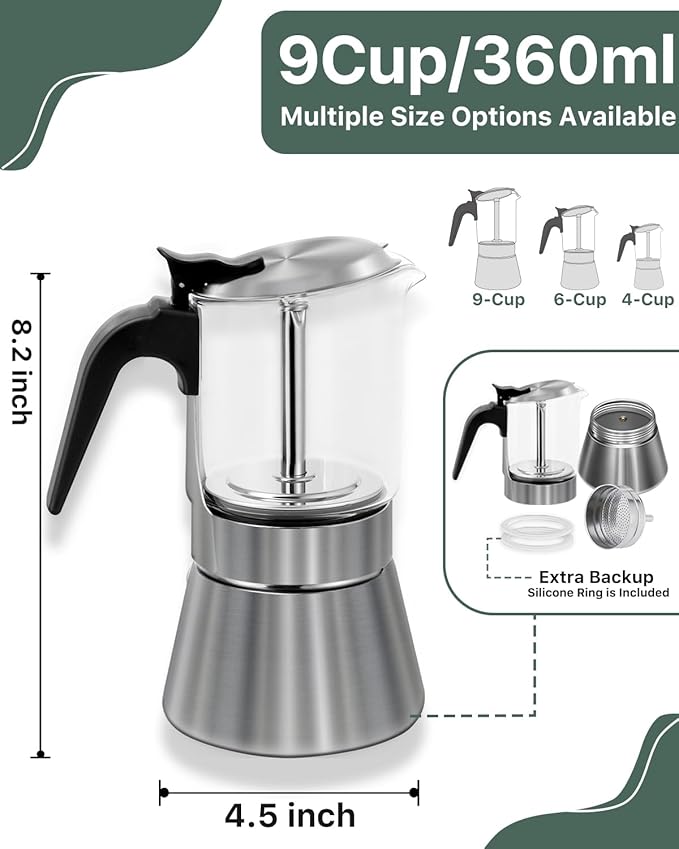 Grasseed Stainless Steel Moka Pot, Crystal Glass-top Coffee Maker Mocha Pot, Italian Stovetop Espresso Maker for Coffee - 9 Cup/360ml