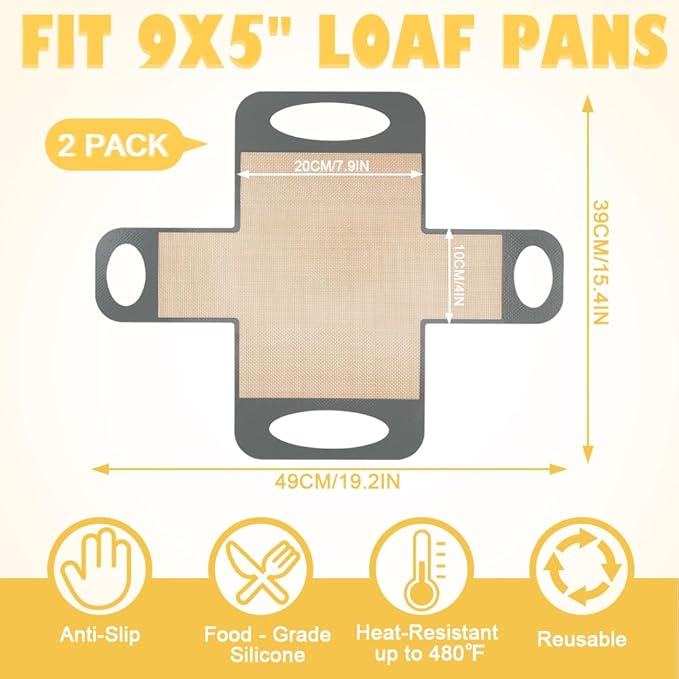 2 Pack Reusable Silicone Bread Loaf Pan Liners, Non-Stick & Easy Clean Baking Mats with 4 Handles for 9x5" Baking Loaf Pans, Baking Accessories for Baking Bread, Cookies